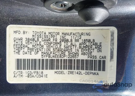 2013 Toyota Corolla Le из США, поврежденный, VIN 5YFBU4EE8DP122657